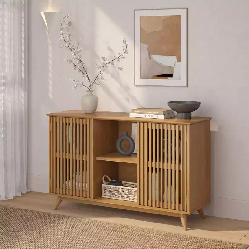 Bahut Mid-Century Moderne en Bois Massif avec 2 Portes, Meuble TV 49" pour Salon
