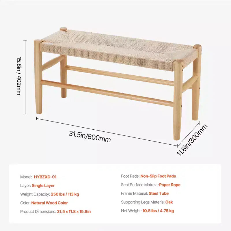 Banc en rotin de 80 cm avec pieds en bois de chêne