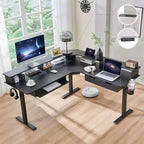 Bureau de jeu d'angle en L de 60 pouces avec 2 tiroirs, bureau debout électrique avec prises de courant et éclairage LED