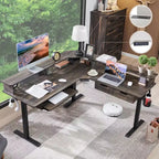 Bureau de jeu d'angle en L de 60 pouces avec 2 tiroirs, bureau debout électrique avec prises de courant et éclairage LED