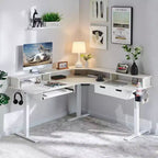 60 L-Shaped Corner Gaming Desk with 2 Drawers, Electric Standing Desk with Power Outlets & LED Lighting