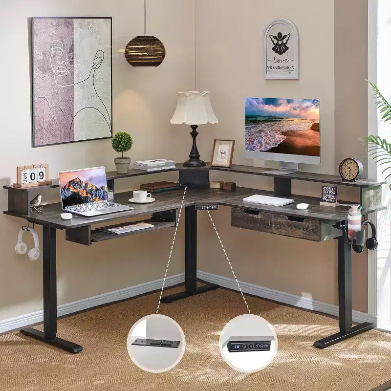 Bureau de jeu d'angle en L de 60 pouces avec 2 tiroirs, bureau debout électrique avec prises de courant et éclairage LED