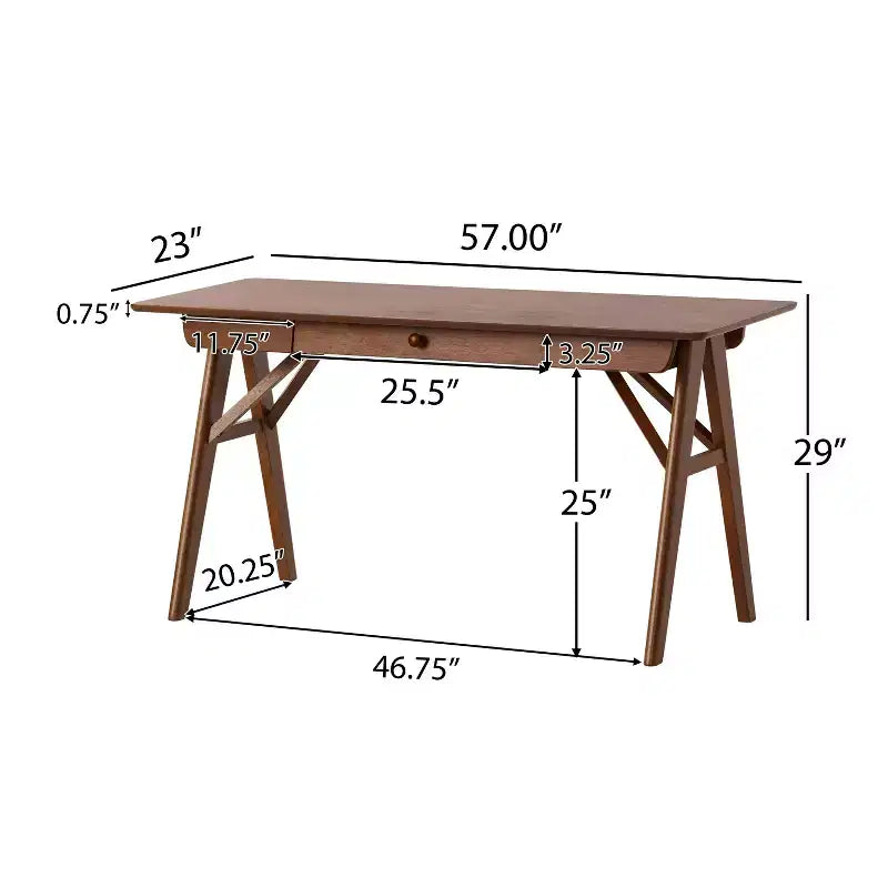 Bureau de 145 cm en bois d'hévéa avec 1 tiroir, pieds en A, finition noyer