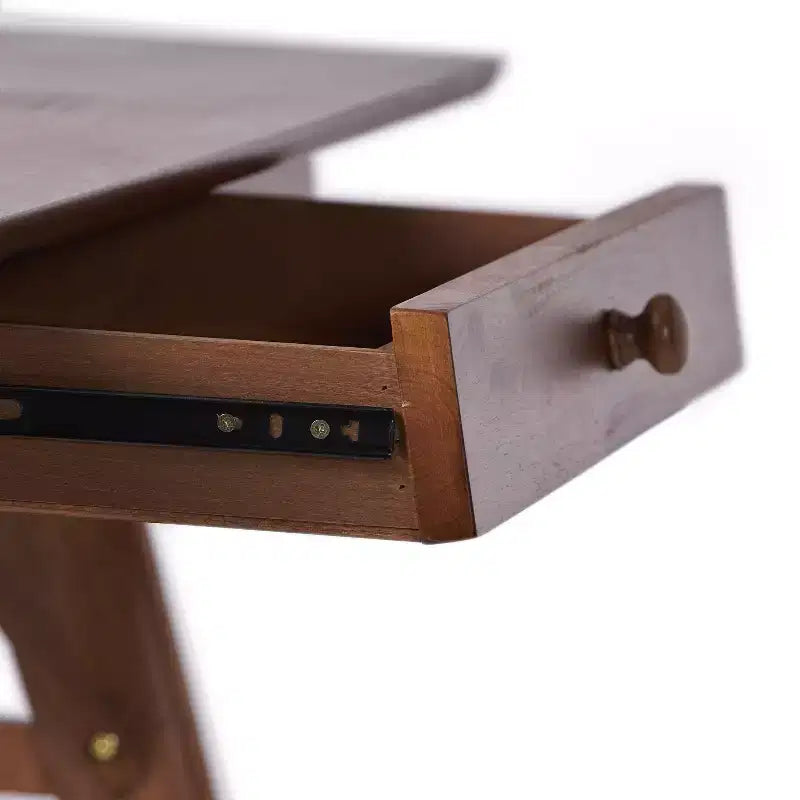 Bureau de 145 cm en bois d'hévéa avec 1 tiroir, pieds en A, finition noyer