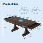 Table de salle à manger pour 6-8 personnes avec 2 tiroirs, Table de cuisine en bois avec double piédestal et grand plateau, Grande table à manger rectangulaire de 2,4 m avec cadre robuste