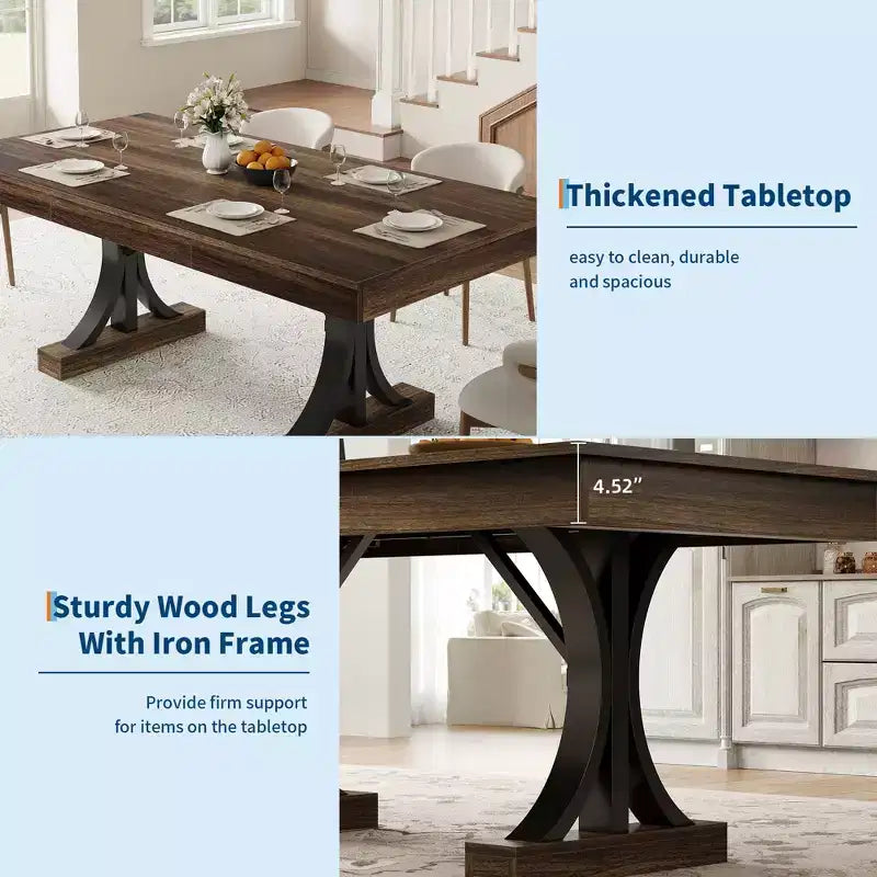 Table de salle à manger pour 6-8 personnes avec 2 tiroirs, Table de cuisine en bois avec double piédestal et grand plateau, Grande table à manger rectangulaire de 2,4 m avec cadre robuste