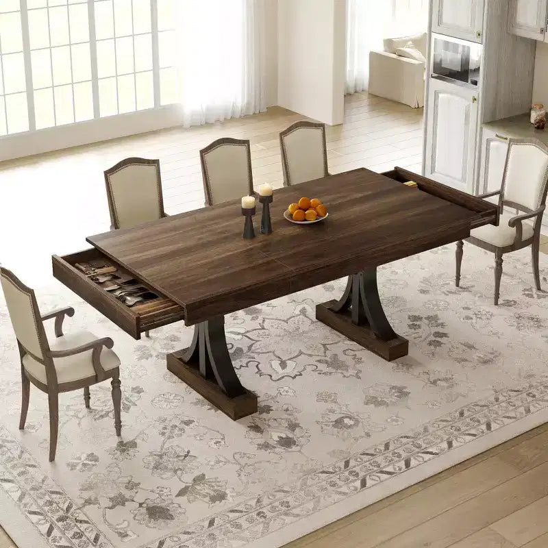 Table de salle à manger pour 6-8 personnes avec 2 tiroirs, Table de cuisine en bois avec double piédestal et grand plateau, Grande table à manger rectangulaire de 2,4 m avec cadre robuste