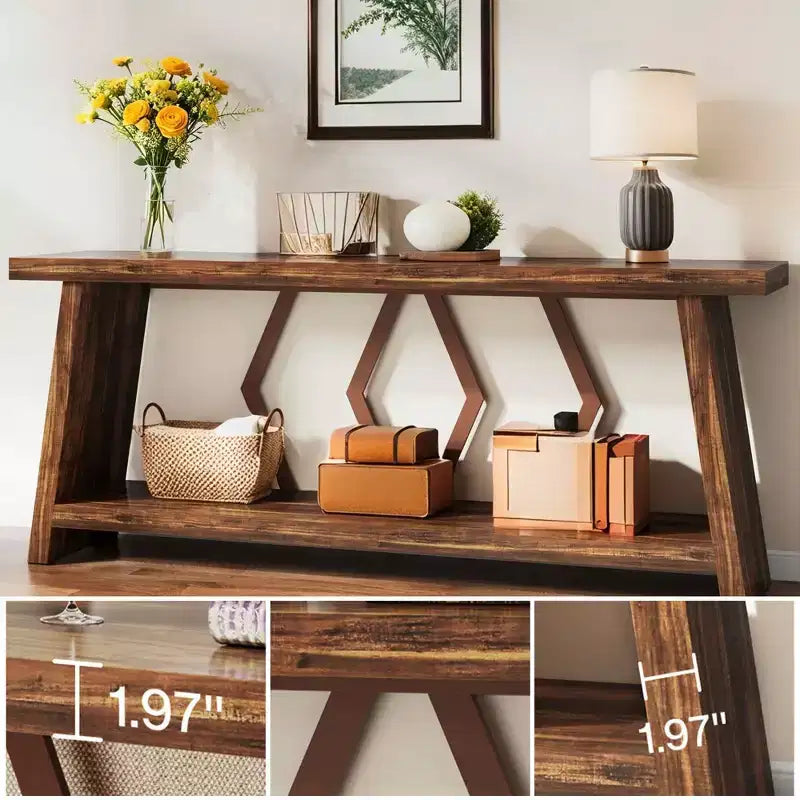 Table console à 2 niveaux extra longue de 70,86 po, table de canapé rustique avec cadre en métal