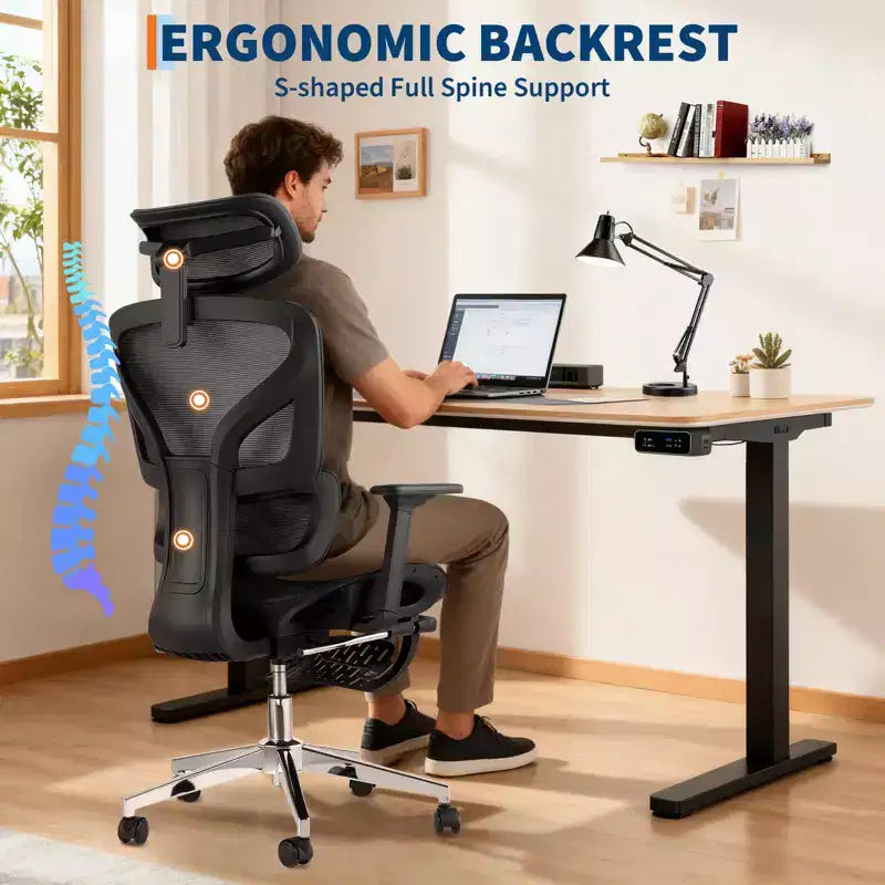 Chaise de bureau ergonomique avec repose-pieds, chaise de bureau en maille avec support lombaire réglable, appui-tête et accoudoirs, pour le bureau