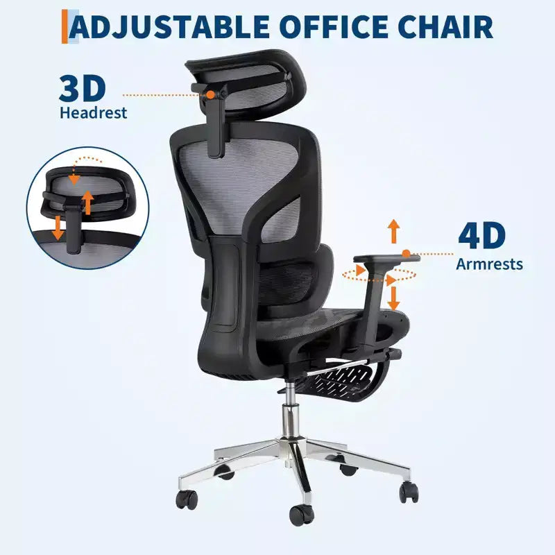 Chaise de bureau ergonomique avec repose-pieds, chaise de bureau en maille avec support lombaire réglable, appui-tête et accoudoirs, pour le bureau
