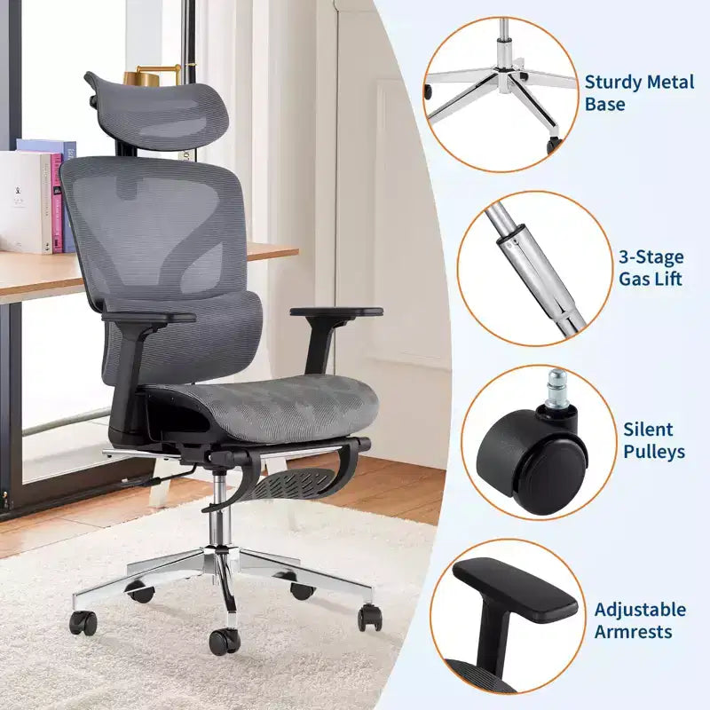 Chaise de bureau ergonomique avec repose-pieds, chaise de bureau en maille avec support lombaire réglable, appui-tête et accoudoirs, pour le bureau