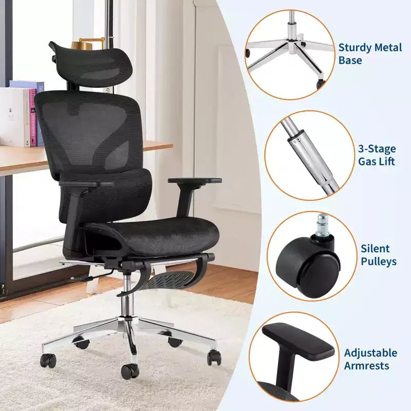 Chaise de bureau ergonomique avec repose-pieds, chaise de bureau en maille avec support lombaire réglable, appui-tête et accoudoirs, pour le bureau