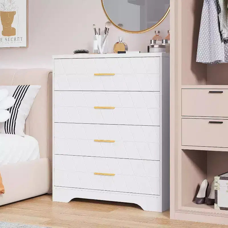 Commodes à 4 tiroirs en bois pour chambre à coucher, commode en bois avec poignées dorées, table de chevet moderne, meuble de rangement en bois.