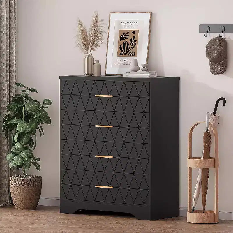 Commodes à 4 tiroirs en bois pour chambre à coucher, commode en bois avec poignées dorées, table de chevet moderne, meuble de rangement en bois.