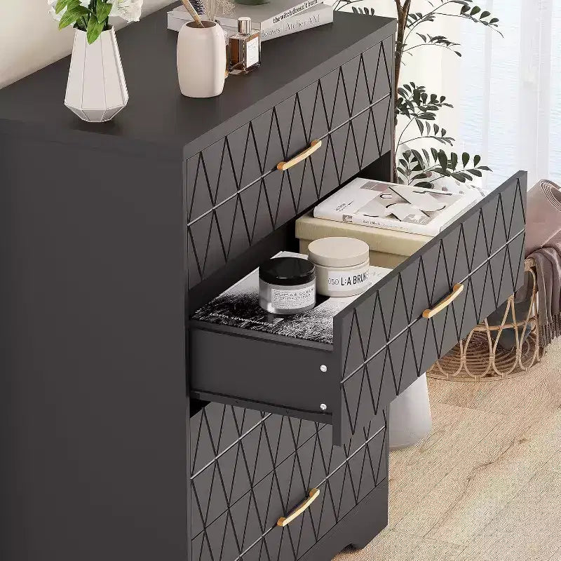 Commodes à 4 tiroirs en bois pour chambre à coucher, commode en bois avec poignées dorées, table de chevet moderne, meuble de rangement en bois.