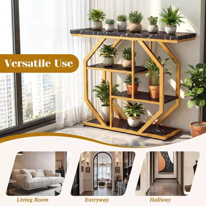 Table console 40" avec étagères de rangement, cadre géométrique en métal pour entrée de couloir