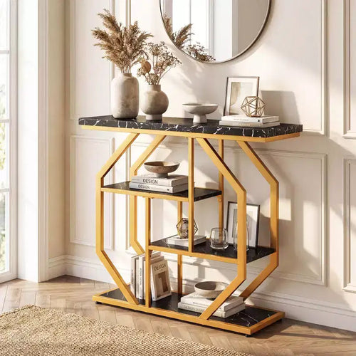 Table console 40" avec étagères de rangement, cadre géométrique en métal pour entrée de couloir