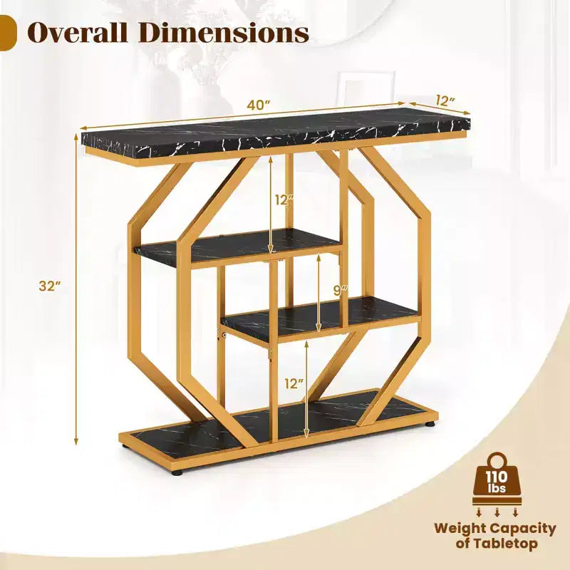 Table console 40" avec étagères de rangement, cadre géométrique en métal pour entrée de couloir