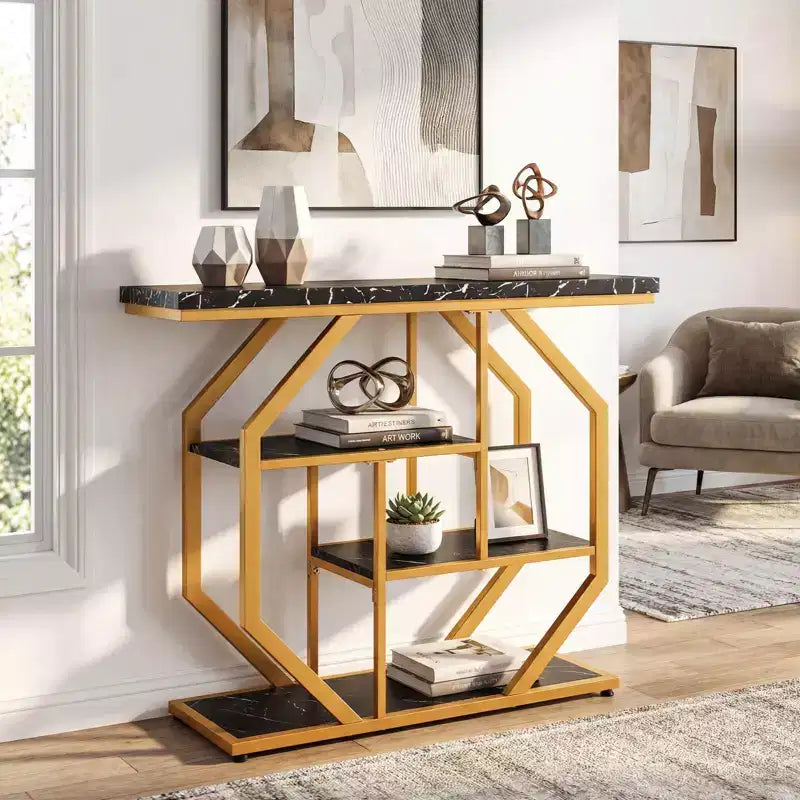Table console 40" avec étagères de rangement, cadre géométrique en métal pour entrée de couloir