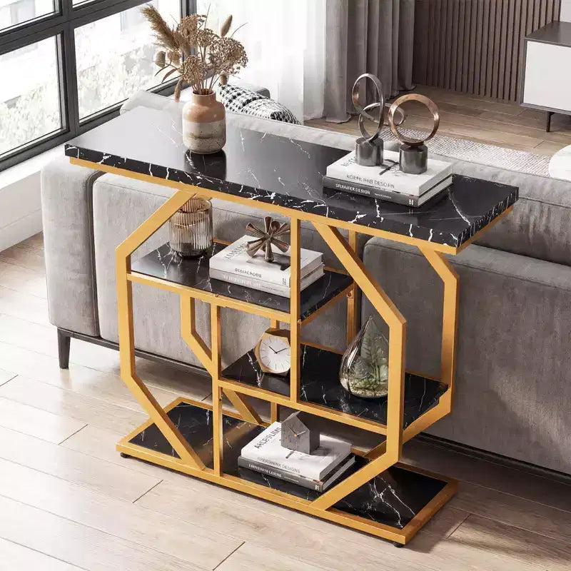 Table console 40" avec étagères de rangement, cadre géométrique en métal pour entrée de couloir