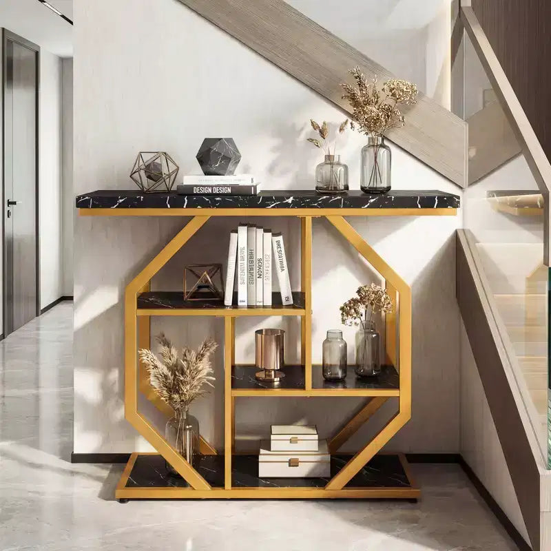 Table console 40" avec étagères de rangement, cadre géométrique en métal pour entrée de couloir