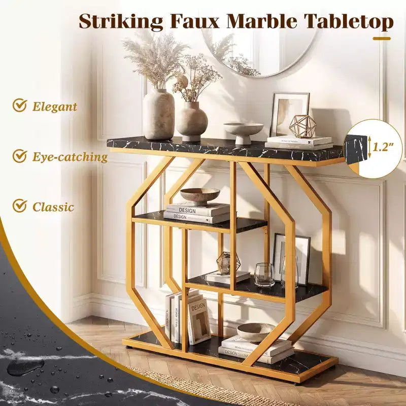 Table console 40" avec étagères de rangement, cadre géométrique en métal pour entrée de couloir