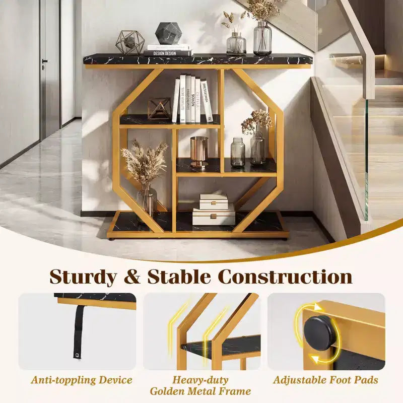 Table console 40" avec étagères de rangement, cadre géométrique en métal pour entrée de couloir
