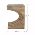 Table d'appoint sculpturale arquée, légère et moderne, avec finition en faux travertin