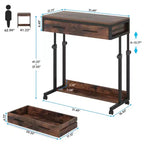 Table d'appoint de bureau mobile, table d'écriture roulante réglable en hauteur avec étagère et tiroir, noire et marron