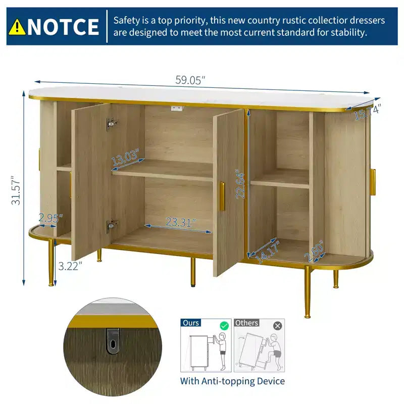 Buffet de rangement de 150 cm avec portes cannelées, pieds en métal, plateau aspect marbre, style Mid-Century Moderne, pour salle à manger