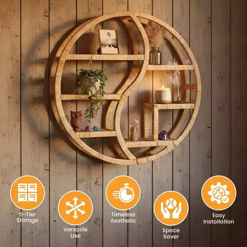 Étagère murale ronde en bambou avec présentoir en bois à 3 niveaux, étagère suspendue bohème circulaire