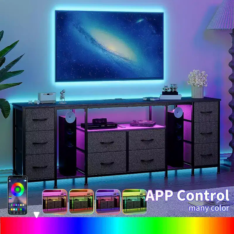 Commode à 10 tiroirs, Meuble TV avec tiroirs en tissu pour téléviseurs de 75, 70, 65 pouces, Console TV avec étagères de rangement ouvertes pour salon, chambre à coucher,
