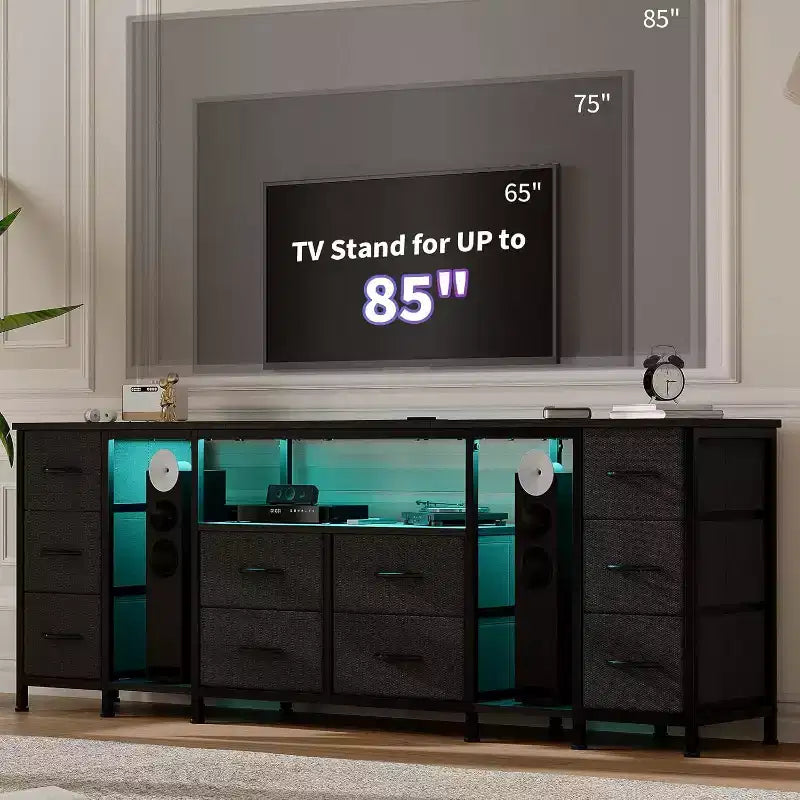 Commode à 10 tiroirs, Meuble TV avec tiroirs en tissu pour téléviseurs de 75, 70, 65 pouces, Console TV avec étagères de rangement ouvertes pour salon, chambre à coucher,