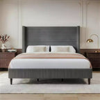 Dyonery Queen Upholstered Platform Bed Frame with 51.2 Tall Wingback HeadboardCSolid Wood Legs, No Box Spring Needed, Beige LinenCModern Style
