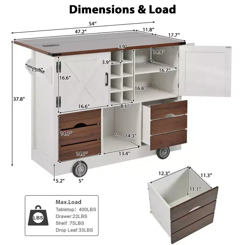Chariot de cuisine roulant de style campagnard de 54 po avec abattant