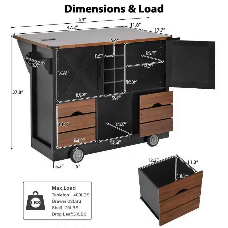 Chariot de cuisine roulant de style campagnard de 54 po avec abattant
