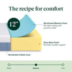 Matelas en mousse à mémoire de forme rafraîchissant Queen 12", sans fibre de verre, sensation moyenne, couches rafraîchissantes respirantes