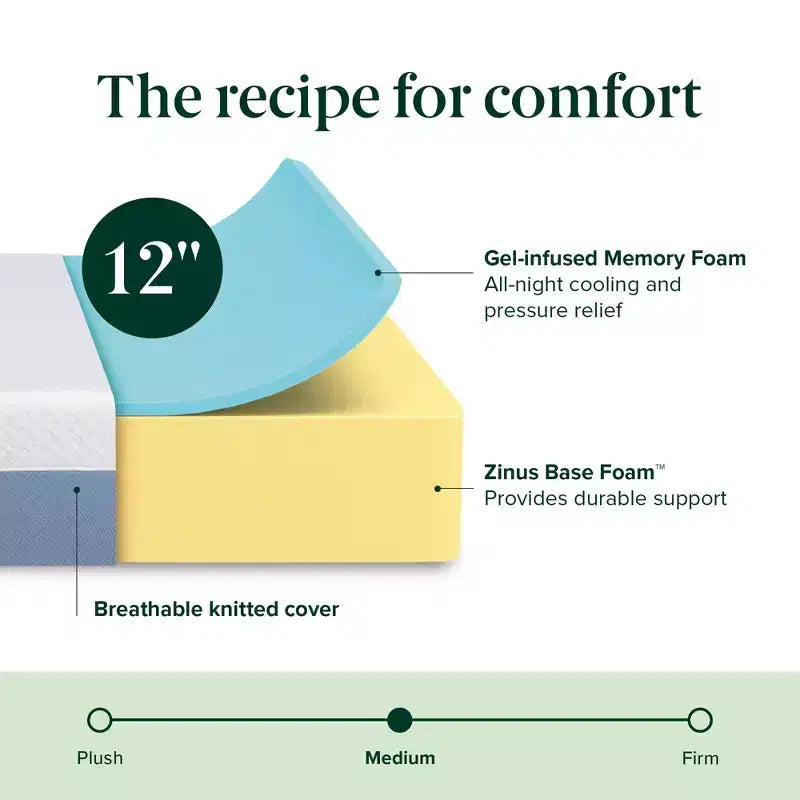 Matelas en mousse à mémoire de forme rafraîchissant Queen 12", sans fibre de verre, sensation moyenne, couches rafraîchissantes respirantes