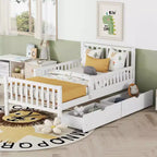 MAYEERTY Twin Size Wood Platform Bed with Guardrails on Both Sides and Two Storage Drawers White
