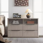 Commode moderne de 143,5 cm de large avec 4 tiroirs, étagère ouverte cannelée Rangement pour placard