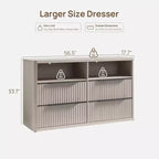 Commode moderne de 143,5 cm de large avec 4 tiroirs, étagère ouverte cannelée Rangement pour placard