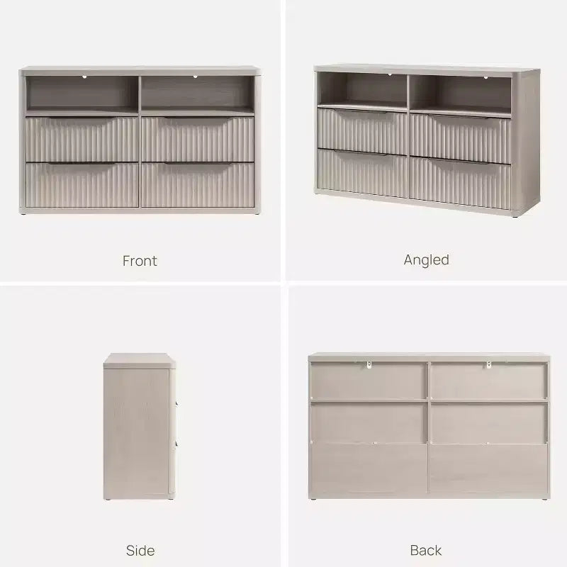 Commode moderne de 143,5 cm de large avec 4 tiroirs, étagère ouverte cannelée Rangement pour placard