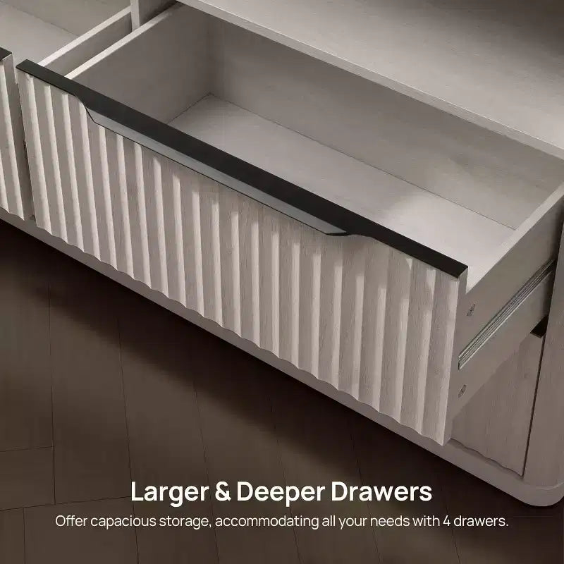 Commode moderne de 143,5 cm de large avec 4 tiroirs, étagère ouverte cannelée Rangement pour placard