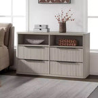Commode moderne de 143,5 cm de large avec 4 tiroirs, étagère ouverte cannelée Rangement pour placard