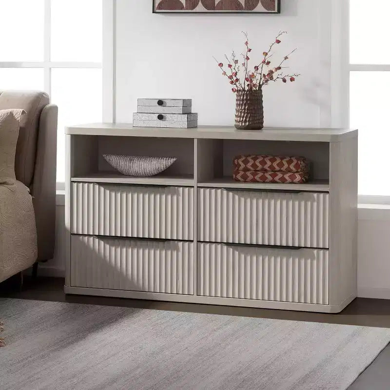 Commode moderne de 143,5 cm de large avec 4 tiroirs, étagère ouverte cannelée Rangement pour placard