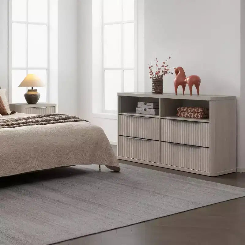 Commode moderne de 143,5 cm de large avec 4 tiroirs, étagère ouverte cannelée Rangement pour placard