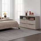 Commode moderne de 143,5 cm de large avec 4 tiroirs, étagère ouverte cannelée Rangement pour placard