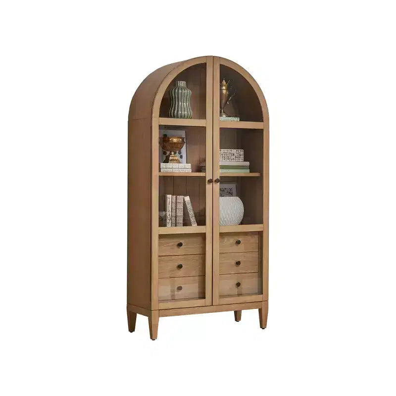 Bibliothèque cintrée moderne en bois de 78", collection Laurel, marron clair, 3 tiroirs