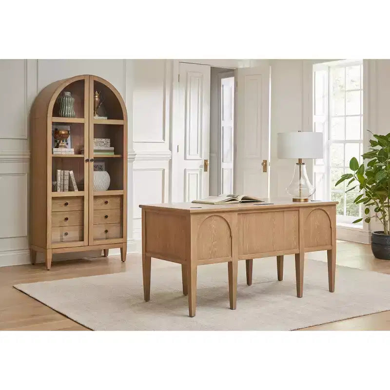 Bibliothèque cintrée moderne en bois de 78", collection Laurel, marron clair, 3 tiroirs