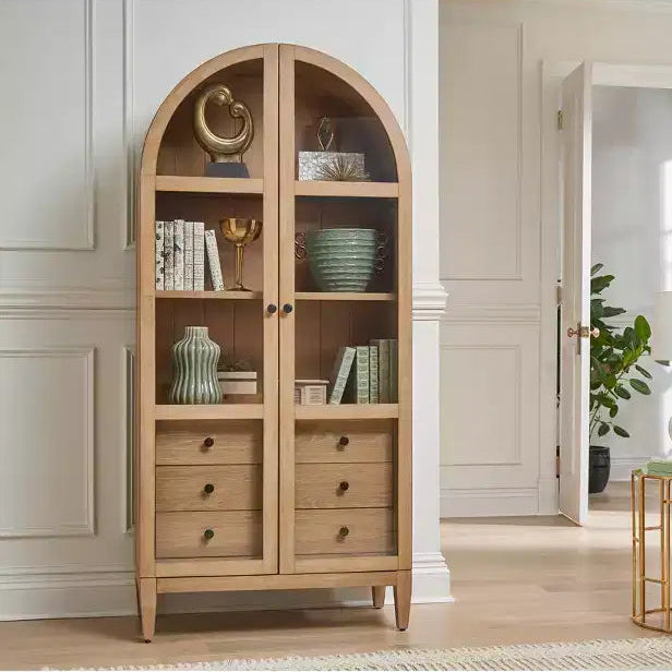 Bibliothèque cintrée moderne en bois de 78", collection Laurel, marron clair, 3 tiroirs
